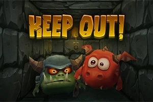어두운 던전 안에 있는 두 마리의 만화 스타일 괴물과 KEEP OUT!