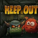 어두운 던전 안에 있는 두 마리의 만화 스타일 괴물과 KEEP OUT!