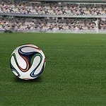 잔디 경기장 위에 축구공이 놓여 있고, 배경에는 관중석이 보입니다