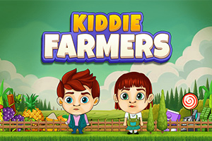 한 남자아이와 여자아이가 녹색 들판과 농작물 배경 앞에 서 있는 장면으로, 위에는 KIDDIE FARMERS라는 글자가 있다
