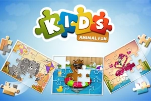 밝은 하늘색 배경에 동물 퍼즐 조각들이 흩어져 있고 KIDS ANIMAL FUN 로고가 가운데에 있는 이미지