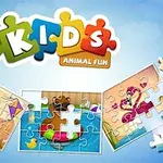 밝은 하늘색 배경에 동물 퍼즐 조각들이 흩어져 있고 KIDS ANIMAL FUN 로고가 가운데에 있는 이미지