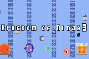 파란색 배경에 KINGDOM OF NINJA 3 텍스트와 픽셀 그래픽의 아이템과 문이 배치된 이미지