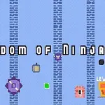 파란색 배경에 KINGDOM OF NINJA 3 텍스트와 픽셀 그래픽의 아이템과 문이 배치된 이미지
