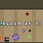 레트로 스타일의 픽셀 아트 배경에 Kingdom of Ninja 4라는 텍스트가 중앙에 있으며, 다양한 작은 아이콘과 캐릭터들이 배치되어 있는 이미지