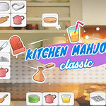 주방 용품 아이콘과 Kitchen Mahjong Classic라는 텍스트가 중앙에 있는 밝은 주방 배경