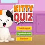 귀여운 고양이가 별과 함께 밝은 배경 앞에 앉아 있으며, KITTY QUIZ라는 텍스트와 선택 버튼이 보이는 이미지