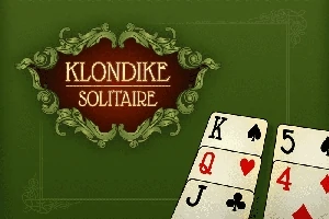 녹색 배경에 장식된 글씨로 KLONDIKE SOLITAIRE와 카드 이미지가 포함된 화면
