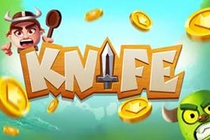 만화 스타일의 캐릭터 두 명과 동전 이미지가 배경에 있는 KNIFE 텍스트가 중앙에 배치된 그림
