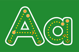 초록색 배경에 흰색 테두리와 점선으로 윤곽이 그려진 대문자 A와 소문자 a