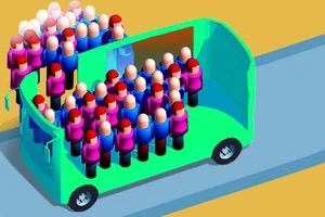 녹색 차량에 많은 사람들이 타고 있는 모습을 묘사한 이미지