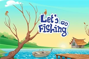 호수 옆에 나무와 작은 집이 있고, 물 위에는 나룻배가 떠 있으며, 화면 상단에 Lets Go Fishing이라는 문구가 있는 풍경