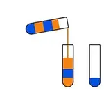 세 개의 시험관 중 하나는 주황색과 파란색 액체가 섞여 있고, 다른 하나는 주황색과 파란색이 층을 이루며, 세 번째 시험관은 빈 상태이다