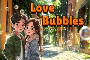 햇살 비치는 골목길에서 포옹하며 서 있는 젊은 커플과 주변을 떠다니는 비눗방울, ‘Love Bubbles’ 글자