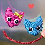 핑크색과 파란색 실뭉치 고양이 얼굴 두 개가 붉은 하트를 배경으로 둥둥 떠 있으며 손가락이 빨간 실을 잡고 있다