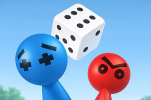 파란색과 빨간색 막대인형 두 개가 하늘 배경 앞에서 흰색 주사위를 위로 던지고 있는 3D 일러스트
