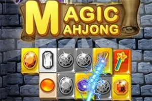 벽돌 배경에 다양한 보석과 함께 MAGIC MAHJONG이라는 텍스트가 있는 이미지