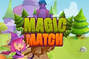 마법의 탑과 숲 배경에 보라색과 분홍색 옷을 입은 소녀와 고양이, MAGIC MATCH 텍스트