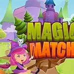 마법의 탑과 숲 배경에 보라색과 분홍색 옷을 입은 소녀와 고양이, MAGIC MATCH 텍스트