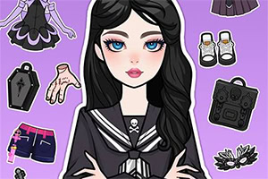 보라색 배경에 검은 세일러복을 입은 고딕 스타일 소녀와 주변의 의상·액세서리 아이템들이 배치된 일러스트
