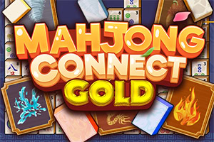 마작 타일과 불꽃·얼음 문양의 카드 위에 크게 배치된 ‘MAHJONG CONNECT GOLD’ 황금색 로고
