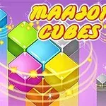 알록달록한 큐브와 MAHJONG CUBES라는 텍스트가 보라색 배경 위에 있는 이미지