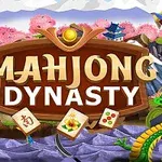 화려한 용과 분홍색 벚꽃 나무 배경에 MAHJONG DYNASTY라는 텍스트가 중앙에 있는 이미지