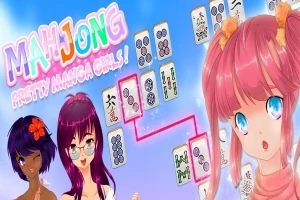 두 명의 만화 스타일 소녀들과 마작 타일이 있는 밝은 색상의 일러스트레이션