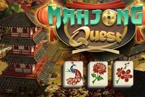 전통적인 건축물 배경에 Mahjong Quest 라는 글자와 새, 꽃이 그려진 마작 타일 세 개가 있는 이미지