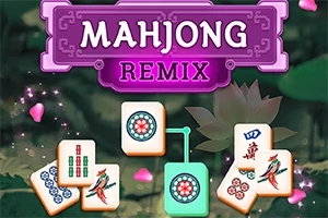 보라색 배경에 MAHJONG REMIX라는 제목과 여러 개의 마작 패가 있는 이미지