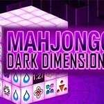 보라색 배경 위에 다양한 기호가 있는 큐브와 MAHJONGG DARK DIMENSIONS라는 텍스트가 강조된 이미지