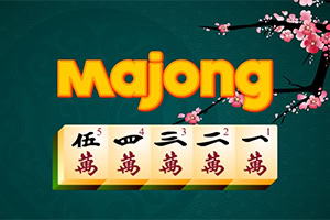 노란색 글씨로 MAJONG이라고 적혀 있고, 여러 개의 마작 타일이 나란히 배열되어 있으며, 오른쪽 상단에 분홍색 꽃이 그려져 있다