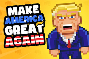노란 배경에 픽셀 아트 스타일로 그려진 금발의 양복 입은 인물과 MAKE AMERICA GREAT AGAIN이라는 문구