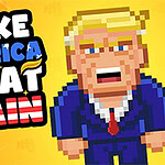 노란 배경에 픽셀 아트 스타일로 그려진 금발의 양복 입은 인물과 MAKE AMERICA GREAT AGAIN이라는 문구