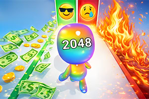 무지개빛 2048 캐릭터가 돈과 동전이 흩어진 길과 불길 사이를 걷는 화려한 3D 일러스트