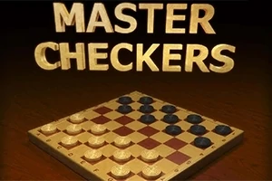 체커 보드 위에 검은색과 흰색 말이 놓여 있으며, 위쪽에 MASTER CHECKERS라는 텍스트가 있습니다