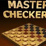 체커 보드 위에 검은색과 흰색 말이 놓여 있으며, 위쪽에 MASTER CHECKERS라는 텍스트가 있습니다
