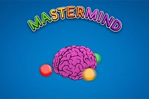파란 배경에 다채로운 색상의 글자로 된 MASTERMIND 텍스트가 위에 있고, 중앙에는 분홍색 뇌 그림과 여러 색상의 구가 배치되어 있습니다