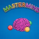 파란 배경에 다채로운 색상의 글자로 된 MASTERMIND 텍스트가 위에 있고, 중앙에는 분홍색 뇌 그림과 여러 색상의 구가 배치되어 있습니다