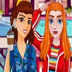 두 명의 애니메이션 스타일 여성 캐릭터가 도시의 배경 앞에서 함께 포즈를 취하고 있습니다