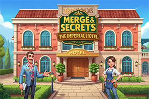 중앙에 MERGE & SECRETS THE IMPERIAL HOTEL 간판이 걸린 붉은 지붕의 2층 호텔 건물 앞에 남녀 두 사람이 서 있는 만화풍 일러스트