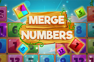 밝은 색상의 숫자 블록과 MERGE NUMBERS라는 텍스트가 나무 판자 위에 표시된 이미지