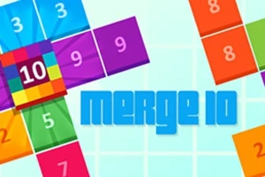 다양한 색상의 숫자 타일로 구성된 격자 무늬 배경과 중앙의 merge 10 텍스트