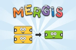 MERGIS라는 알록달록한 글자 위에 두 개의 노란색 숫자 2 블록이 합쳐져서 하나의 초록색 숫자 3 블록이 되는 이미지