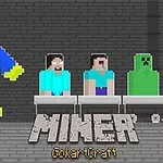 파란색 캐릭터와 픽셀화된 인물들이 회색 벽 앞에 줄지어 서 있으며, MINER GokartCraft라는 텍스트가 아래에 있다