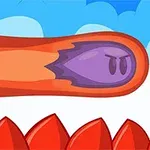 하늘 배경에 보라색 얼굴이 그려진 빨간 원통형 모양이 가시 위로 뻗어있는 모습