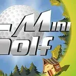 커다란 골프공을 배경으로 Mini Golf라는 텍스트가 중앙에 있으며, 주변에 나무와 작은 집이 있는 이미지