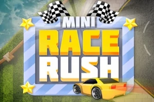 체커 깃발과 노란색 미니 경주차가 포함된 MINI RACE RUSH 텍스트 이미지