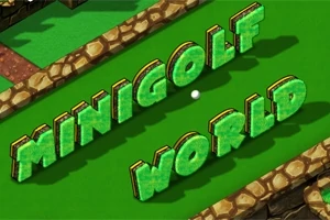 초록색 잔디 위에 MINIGOLF WORLD라는 글자가 돌로 장식된 글꼴로 쓰여져 있고, 작은 골프공이 그 앞에 놓여 있습니다