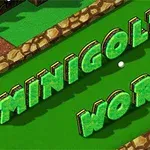 초록색 잔디 위에 MINIGOLF WORLD라는 글자가 돌로 장식된 글꼴로 쓰여져 있고, 작은 골프공이 그 앞에 놓여 있습니다